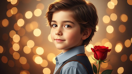 Portrait of a cute little boy with a red rose in his hand.の素材