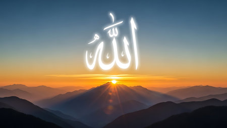 Ramadan Kareem calligraphy with sunrise over the mountains.の素材