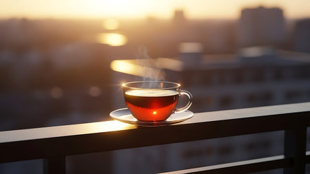 A cup of hot tea on the balcony at sunset. Selective focus.の素材