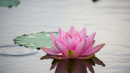 Beautiful pink water lily in the pond with green leaves.の素材