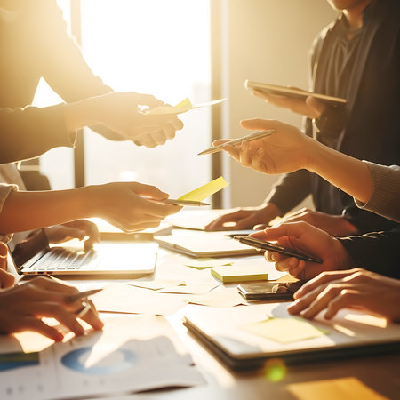 Sunlight streams across a table where hands hold pens and papers, a laptop open, during a collaborative meeting.の素材