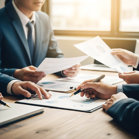 Close-up of hands in blue suits reviewing financial charts and documents on a wooden desk.の素材