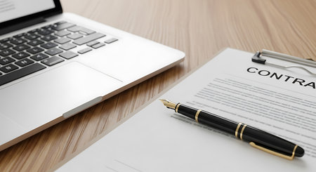 Silver laptop and black gold fountain pen on contract document on wooden desk computer paperの素材