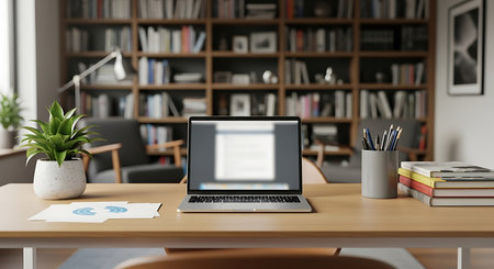 Laptop on wooden desk with plant books and pen holder in library setting computer officeの素材