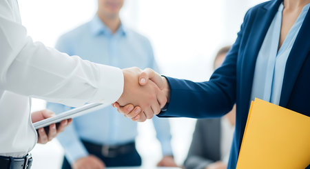 Two business people shaking hands in a bright office setting with a tablet and folder handshake agreementの素材