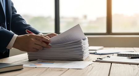 Person in dark blue suit holding red pen reviewing stack of white papers on wooden desk business paperworkの素材