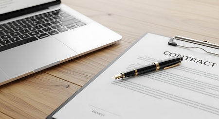 Laptop and contract document with black fountain pen on wooden desk imageの素材