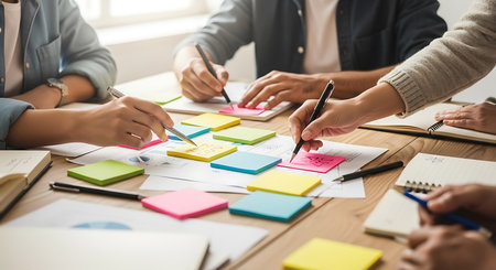 Hands writing on sticky notes and papers during a business meeting teamwork collaborationの素材