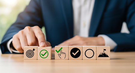 Person in suit arranging wooden blocks with business icons target checkmark circle and mountain flagの素材
