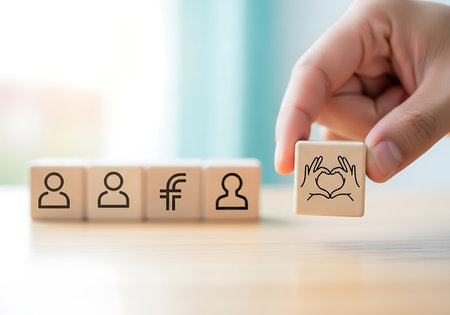 Hand places wooden block with heart hands symbol next to people and currency icons wooden blocks loveの素材