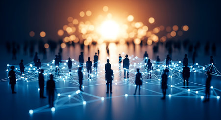 Silhouetted figures connected by glowing blue network lines with bright orange bokeh background connectionの素材