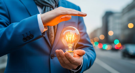 Man in blue suit holding glowing light bulb with hands protecting it ideaの素材