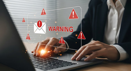 Person typing on laptop with digital warning alerts and email icon overlay notification dangerの素材