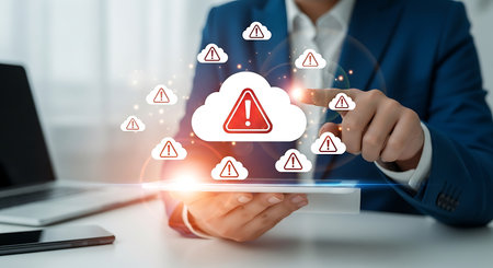 Person using tablet phone and laptop with glowing upward trending bar graph technology business 3の素材