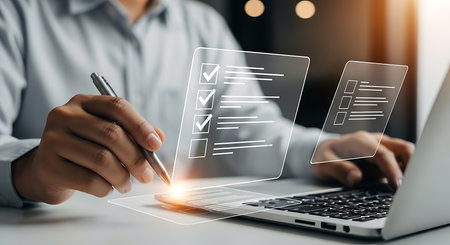 Person typing on laptop with glowing blue warning symbol overlay alert danger 3の素材