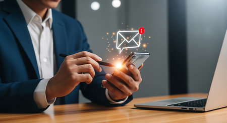 Person in blue suit interacting with digital security interface on tablet and phone technology 3の素材