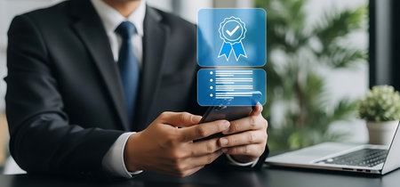 Person using stylus on laptop screen with digital checklist and checkmark icon online form 3の素材
