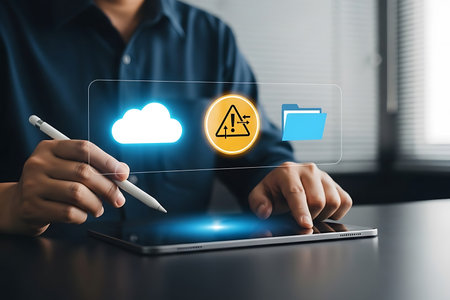 Person typing on laptop with digital warning alerts and email icon overlay notification danger 3の素材