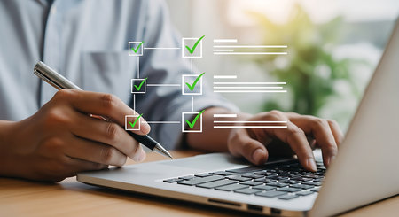 Man in blue suit touches digital interface with profile and checklist white shirt 3の素材