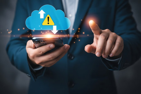 Businessman holding glowing gears with checkmarks over tablet and laptop technology success 2の素材