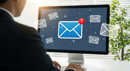 Man in suit using computer with email notification icons and messages screenの素材