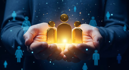 Cupped hands hold three glowing golden human figures against a dark blue background with scattered blue person icons and light particles.の素材