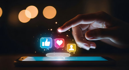 A finger hovers over a smartphone screen displaying glowing social media icons for like, heart, and user profile against a dark, bokeh-lit background.の素材