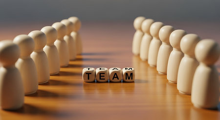 Rows of unpainted wooden peg figures face four white blocks spelling TEAM on a polished wooden surface.の素材
