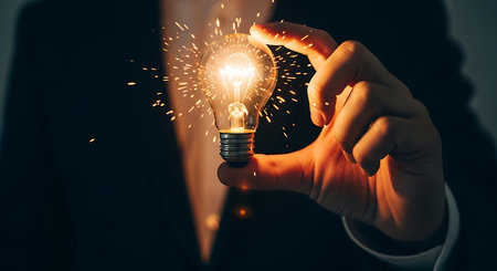 A hand holds a lit incandescent light bulb with bright sparks emanating from it against a dark background.の素材