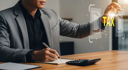 A man in a grey suit and black shirt interacts with a glowing digital TAX document hologram while writing in a notebook with a pen.の素材
