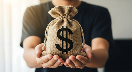 Hands hold a textured burlap money bag with a prominent black dollar sign against a blurred background.の素材