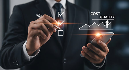 A man in a dark suit holds a smartphone and a pen, interacting with a digital checklist and a rising graph.の素材