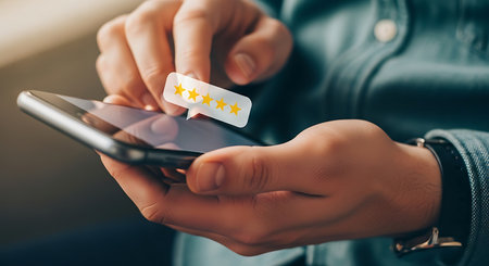 Close-up of hands holding a smartphone with a speech bubble containing five yellow stars floating above the screen.の素材