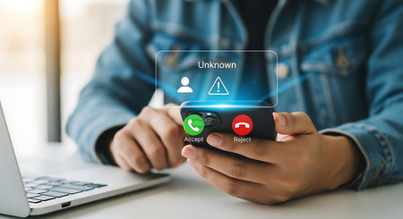 A person in a denim jacket holds a smartphone displaying an incoming call from an unknown number with accept and reject buttons.の素材