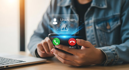 Hands holding a smartphone displaying an incoming unknown call with an alert icon and accept/reject buttons.の素材