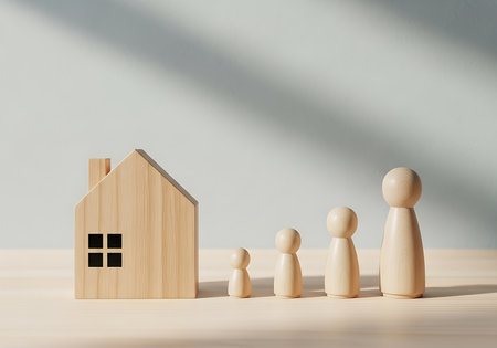 A wooden house model stands next to three wooden peg people figures of increasing size on a light wood surface.の素材