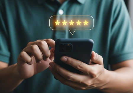 Close up of hands holding a dark smartphone with a glowing yellow five-star rating in a speech bubble above.の素材