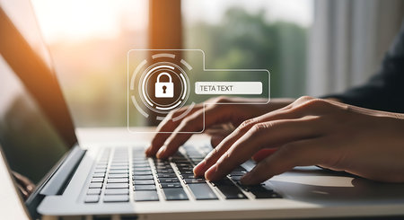 Hands typing on a laptop keyboard with a digital overlay showing a lock icon and a text input field.の素材