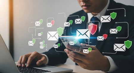 A man in a dark suit uses a smartphone and laptop with digital icons of envelopes and shields overlaid.の素材