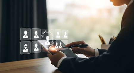 A person in a dark suit uses a tablet with a pen to interact with a glowing digital interface displaying profile icons.の素材