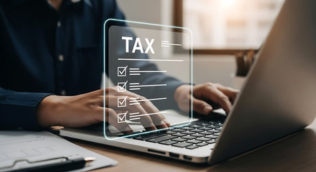 Person's hands typing on a laptop keyboard with a glowing blue holographic overlay showing a tax checklist with checkboxes.の素材