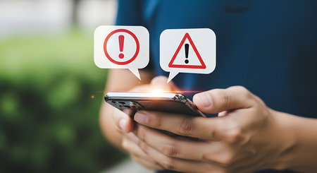 Hands holding a smartphone with two white speech bubbles above displaying red warning icons.の素材
