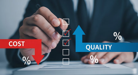 Person marking checklist with cost down and quality up arrows checkmark tickの素材