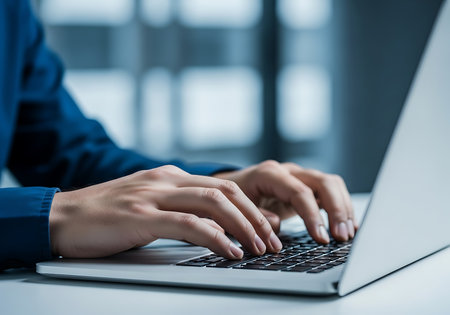 Person typing on a silver laptop computer keyboard with blue shirt handsの素材