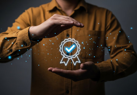 Person holding glowing award certificate with checkmark and blue particles approvalの素材