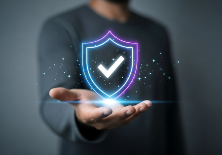 Hand holding glowing neon shield with checkmark and sparkles security protectionの素材