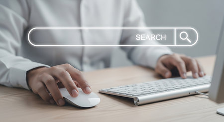 Person using computer with glowing search bar and magnifying glass icon search engineの素材