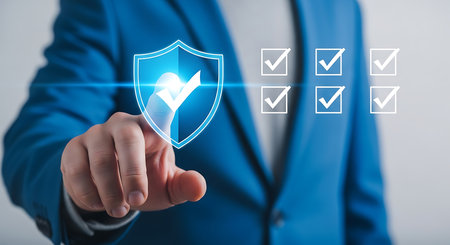 Man in blue suit touching glowing shield and checklist on screen hand fingerの素材