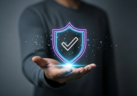Hand holding glowing neon shield with checkmark and particles technology securityの素材