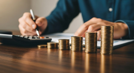 Person calculating finances with stacks of gold coins and calculator money calculationの素材